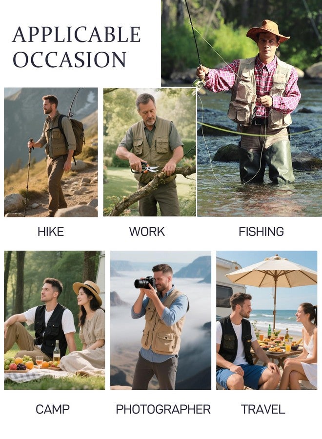 flygo سترة صيد رجالية من فلايغو، خفيفة الوزن، متعددة الاستخدامات، مناسبة للسفر والرحلات الخارجية، مزودة بـ 16 جيبًا شبكيًا، لون أسود، مقاس L - Image 5